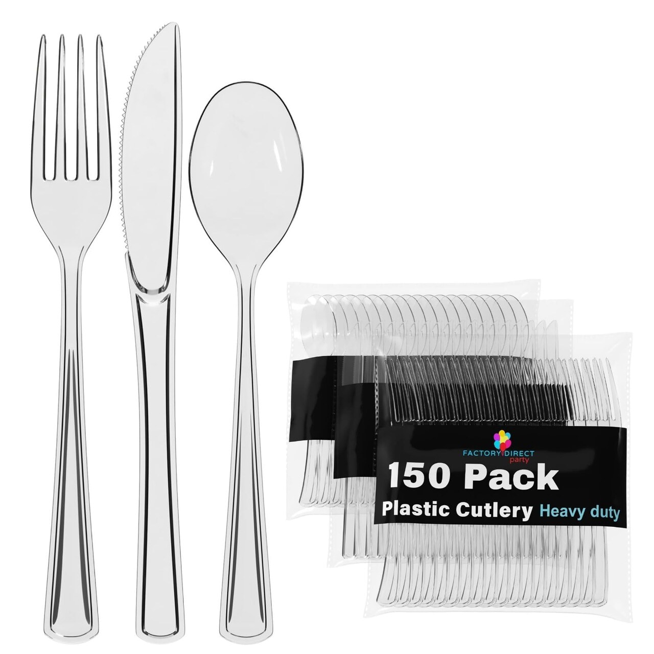 Exquisite Polished Plastic Silverware – 150 Pcs Heavy Duty Cutlery Set – 50 Each of Forks, Knives & Spoons – Disposable Utensil Set for Parties, Events & Catering – Flatware Set by Party Solids